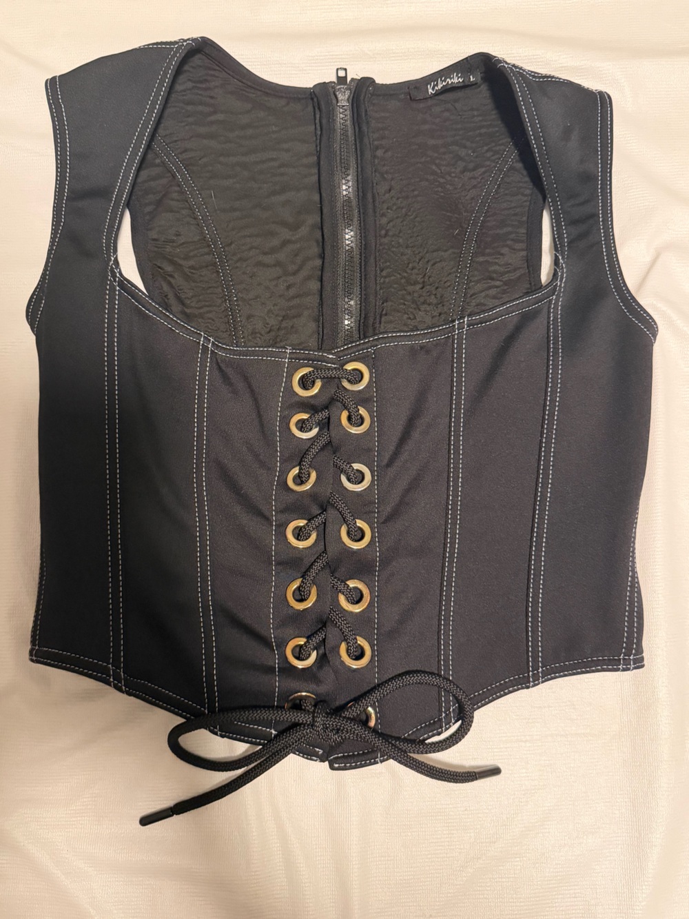 Black Lace-Up Women's Crop Top with Contrast Stitching for Corset Look